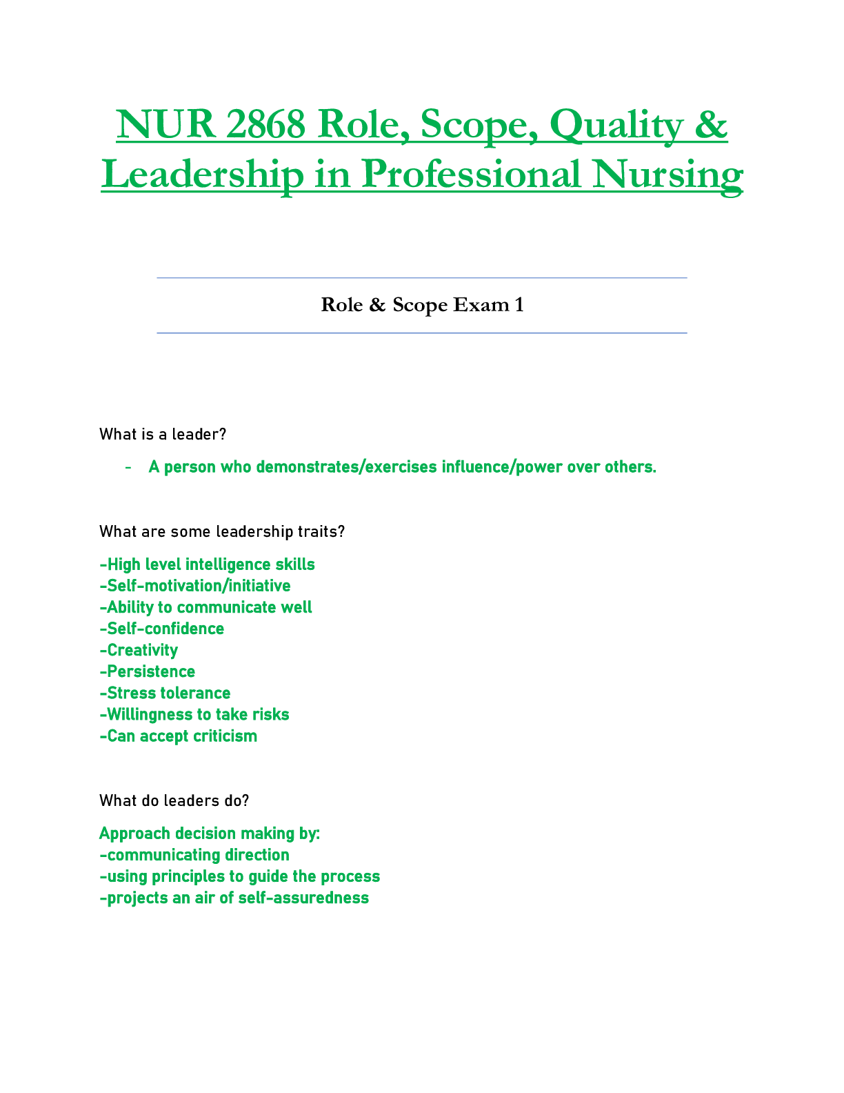 Preview image for NUR 2868 / NUR2868 Exam 1  : Role, Scope, Quality & Leadership in Professional Nursing - Rasmussen